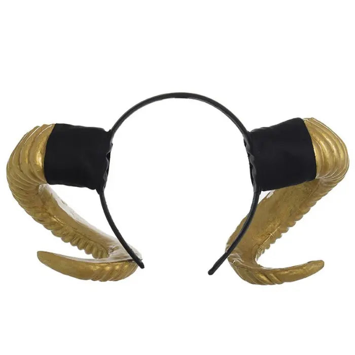 Halloween Devil Horns costume headband with shiny gold curved horns and black fabric band.