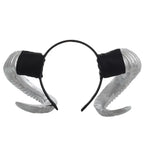 Halloween Devil Horns headband in shimmering silver with textured curls and black base on white.