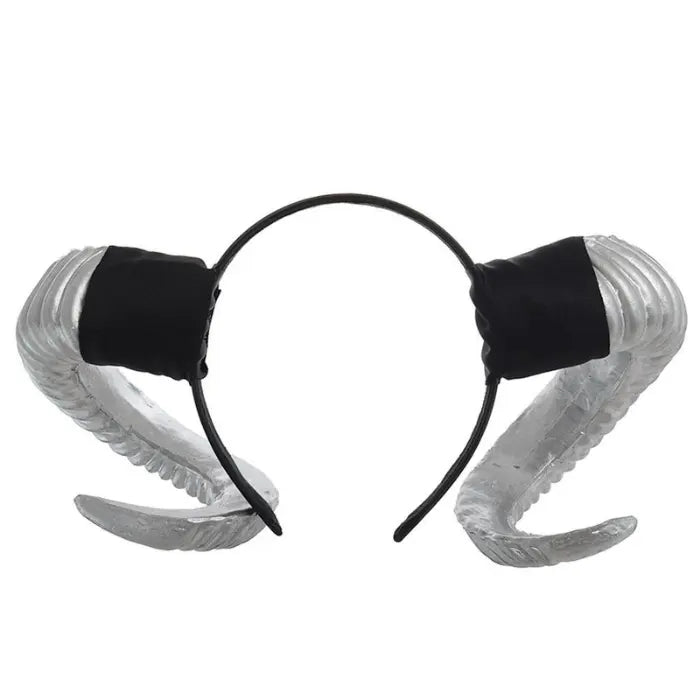Halloween Devil Horns headband in shimmering silver with textured curls and black base on white.