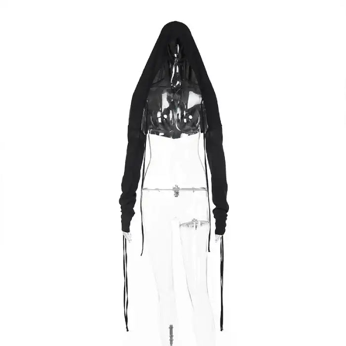 Halloween Elvira outfit black hooded shrug with long ruched sleeves displayed on clear mannequin