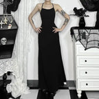Halloween Elvira outfit black sleeveless maxi dress with spaghetti straps and fitted silhouette