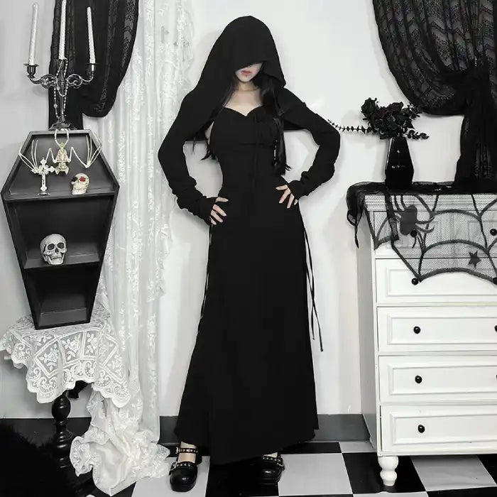  Halloween Elvira outfit black hooded maxi dress with gothic flair and hidden face pose in dark theme