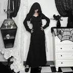  Halloween Elvira outfit black hooded maxi dress with gothic flair and hidden face pose in dark theme