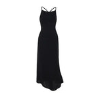Halloween Elvira outfit long black gothic dress with double straps shown against plain white background