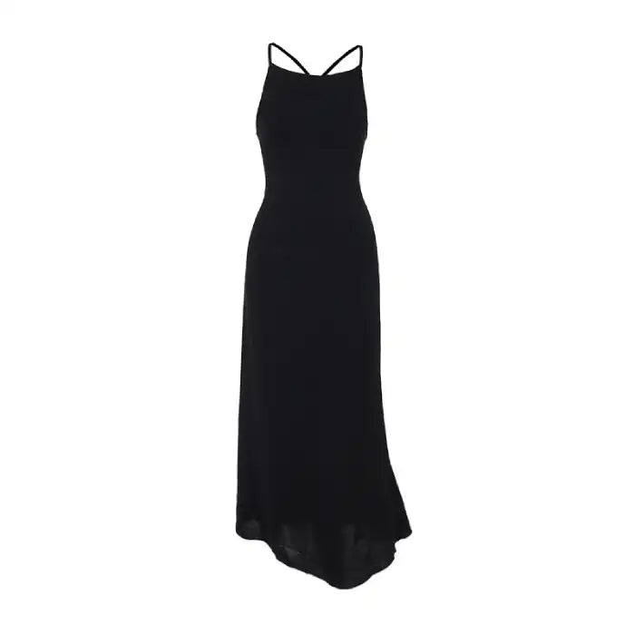 Halloween Elvira outfit long black gothic dress with double straps shown against plain white background