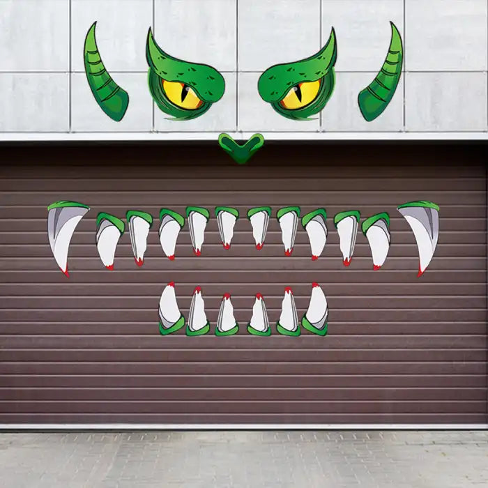 Halloween garage decor with green monster eyes and teeth stickers applied to a brown garage door