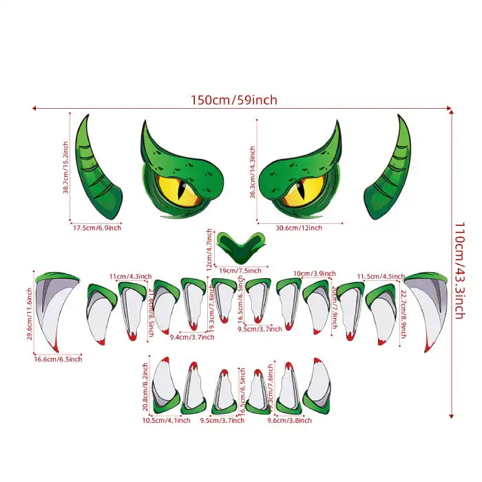 Halloween garage decor size chart showing monster face decal dimensions in inches and centimeters