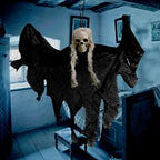 Halloween Ghost Skull floating spirit in black gauze with white hair in spooky room.