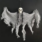 Halloween Ghost Skull hanging ghost with tattered grey fabric and black braided hair strands.