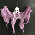 Halloween Ghost Skull hanging decoration with tattered purple cloth and spooky face.