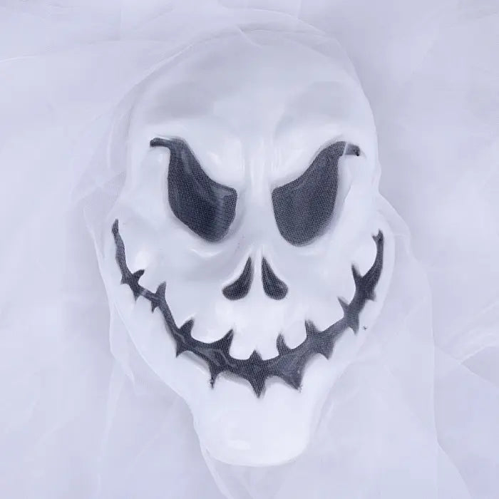 Halloween Ghost Skull hanging ghost with white tattered cloth and long black hair.