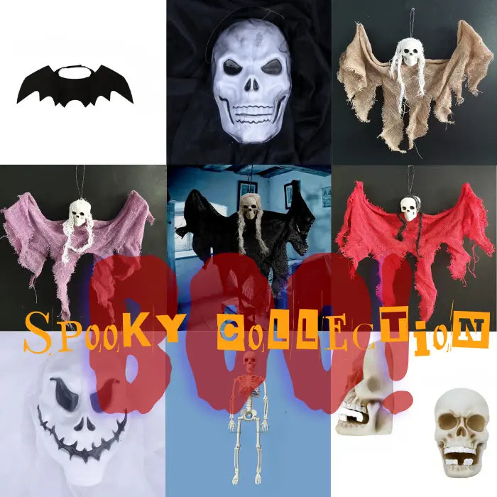 Halloween Ghost Skull spooky collection collage featuring masks, skeletons, and hanging ghost decorations.