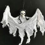 Halloween Ghost Skull hanging ghost with white tattered cloth and long black hair.