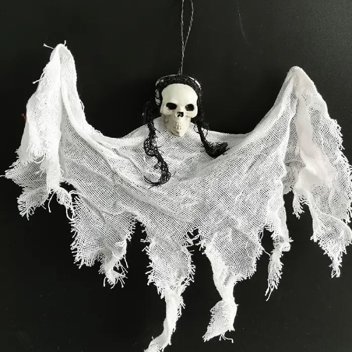 Halloween Ghost Skull hanging ghost with white tattered cloth and long black hair.