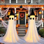 Halloween Ghost Yard Decor with witch hats on a decorated porch with pumpkins and spiderwebs.