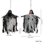 Halloween Hanging Ghost with black hood and torn white mesh, LED eyes, size and weight shown in detail.