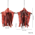 Halloween Hanging Ghost in orange cloak with chains and red LED eyes, front and reverse views with dimensions.