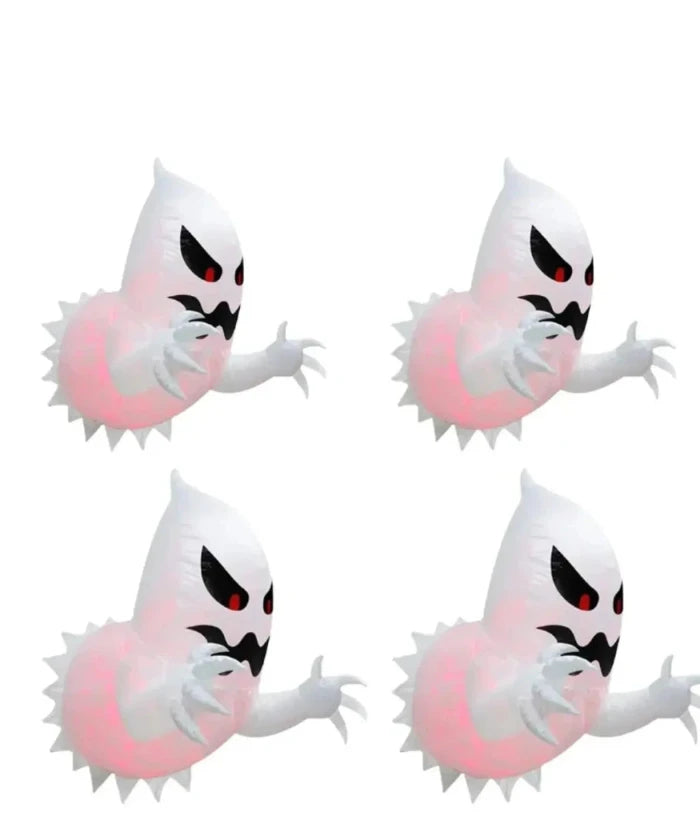Halloween inflatable decoration set of four white spooky ghosts with red eyes and claws.