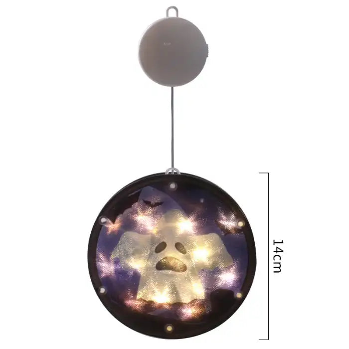 Halloween Lanterns with glowing ghost on purple background and bats, 14cm round hanging decor.