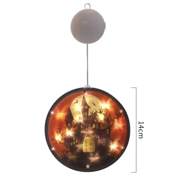 Halloween Lanterns featuring glowing haunted house and bats under full moon, 14cm round hanging style.