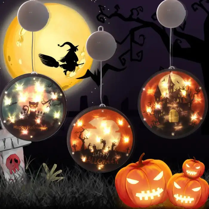 Halloween Lanterns with witch silhouette, full moon, and glowing haunted designs in spooky night setting.