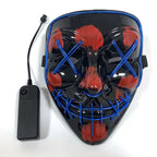 Halloween LED mask in black with blue X-pattern lights, stitched mouth design and red paint accents, battery-powered for spooky costumes.