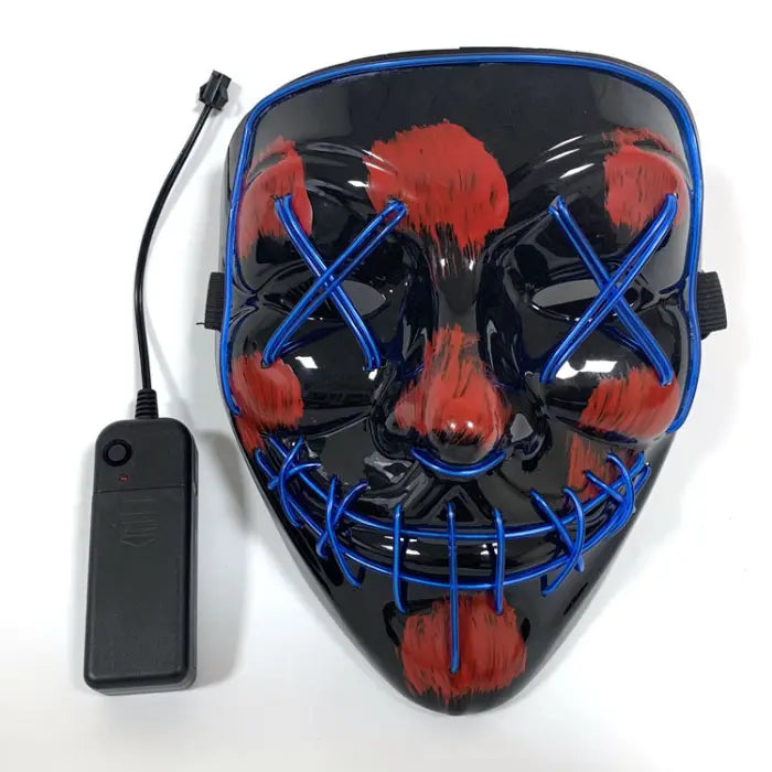 Halloween LED mask in black with blue X-pattern lights, stitched mouth design and red paint accents, battery-powered for spooky costumes.
