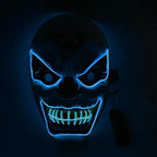 Halloween LED clown mask featuring menacing design with glowing blue and green facial features, ideal for horror-themed parties and costumes.
