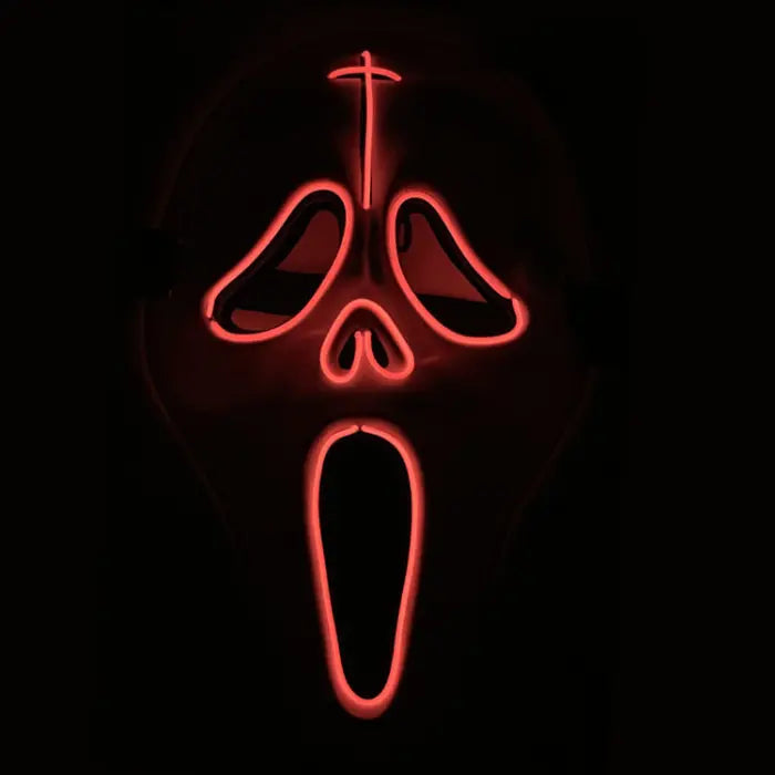 Halloween LED ghost mask with red glowing outline featuring a screaming face design, enhancing visibility for nighttime Halloween events.