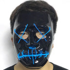 Halloween LED mask with illuminating blue X-pattern lights and stitched mouth design, ideal for scary Halloween costumes and night events.