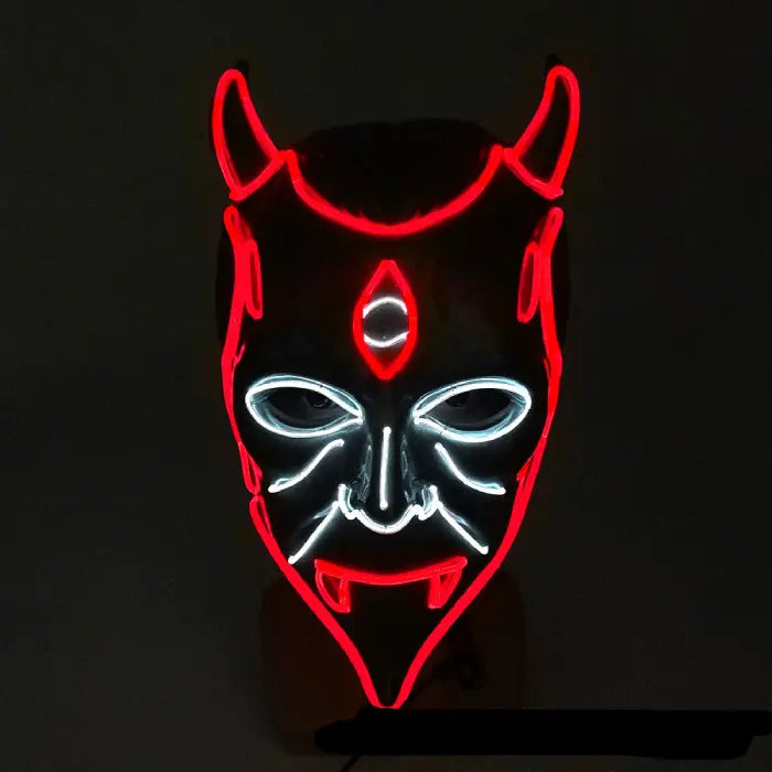 Halloween LED Mask with red devil horns, glowing fangs, and third eye design for night costume parties.