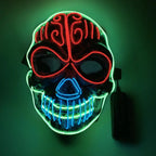 Halloween LED skull mask with intricate multicolor pattern featuring red, green and blue lights, perfect for standout Halloween costumes.