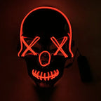 Halloween LED mask with red lights featuring X-shaped eyes and stitched mouth design, perfect for spooky costumes and night parties.