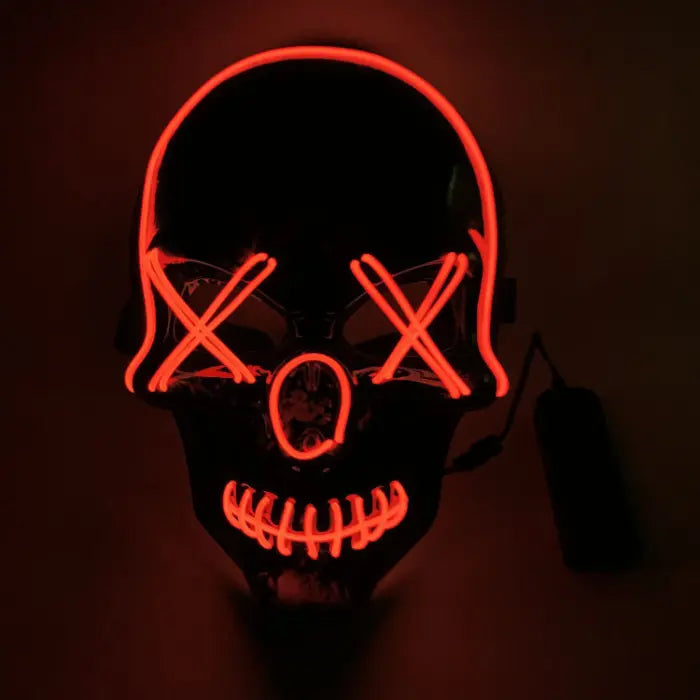 Halloween LED mask with red lights featuring X-shaped eyes and stitched mouth design, perfect for spooky costumes and night parties.