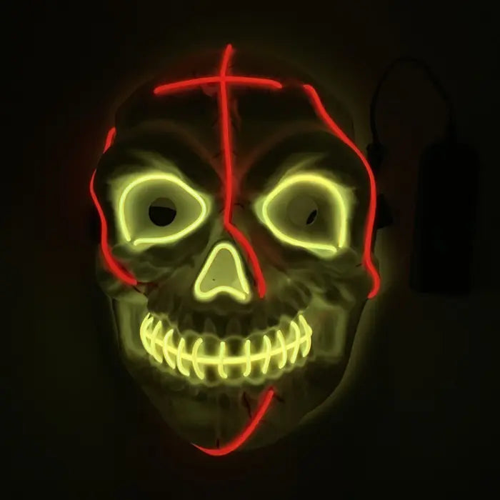 Halloween LED skull mask featuring glowing yellow and red neon outline highlighting facial features, perfect for spooky Halloween parties.