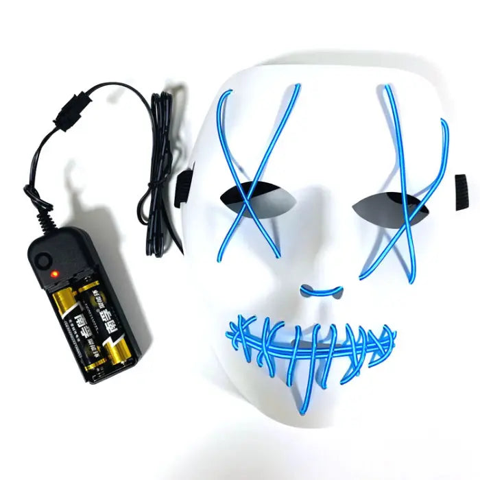 Halloween LED mask in white with blue X-eyes and stitched mouth lighting pattern, battery-powered for Halloween costumes and parties.
