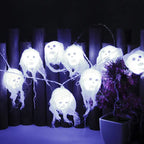 Halloween lights with pack of ghost skull heads and glowing blue sample lights.