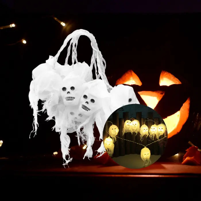 Halloween lights ghost skull bundle with warm yellow lighting sample in spooky background.