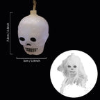 Halloween lights close-up of mini ghost skull with mesh and size details shown.