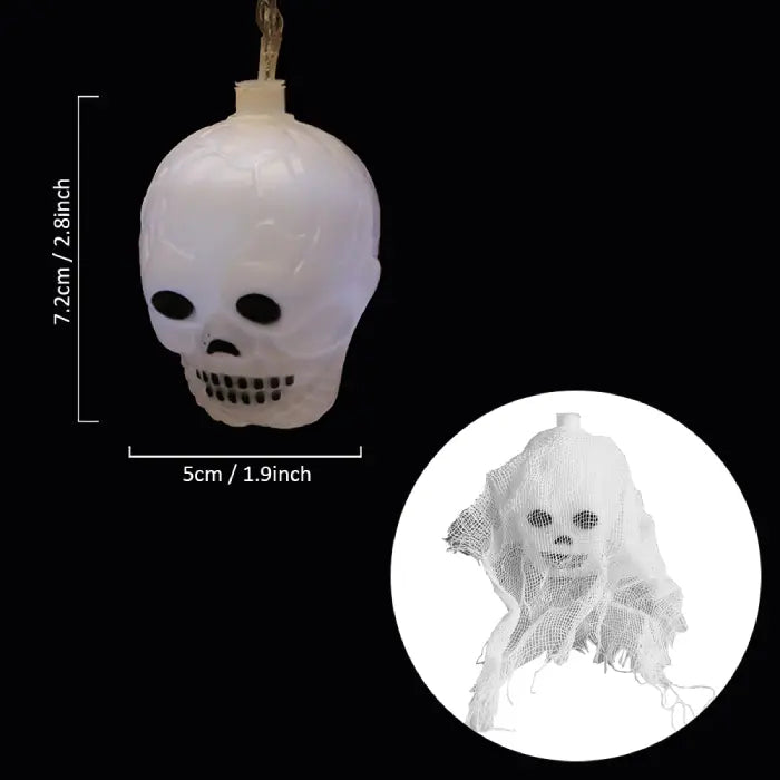 Halloween lights close-up of mini ghost skull with mesh and size details shown.