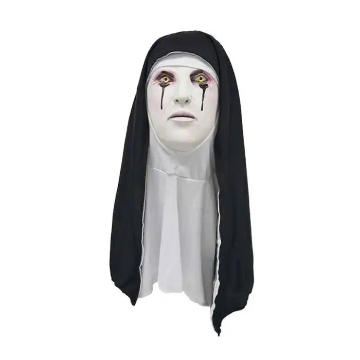 Halloween mask of eerie nun with yellow eyes, smeared makeup, and dripping black tears for horror cosplay.