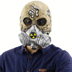 Halloween mask of radioactive zombie with skull details and silver gas mask featuring a biohazard symbol.