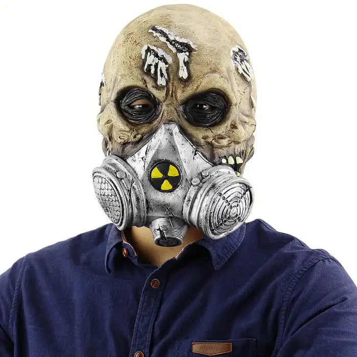 Halloween mask of radioactive zombie with skull details and silver gas mask featuring a biohazard symbol.
