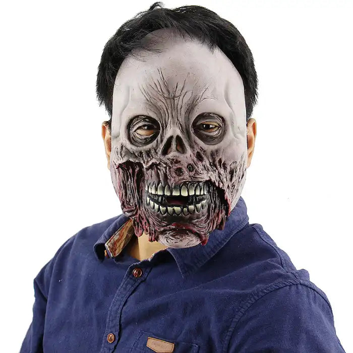 Halloween mask with rotting skull design, sunken eyes, and exposed teeth for undead horror effect.