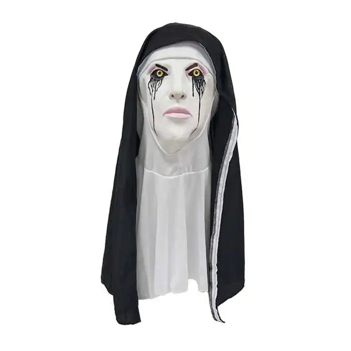 Halloween mask featuring white-faced nun with yellow eyes, black tears, and a haunting expression.