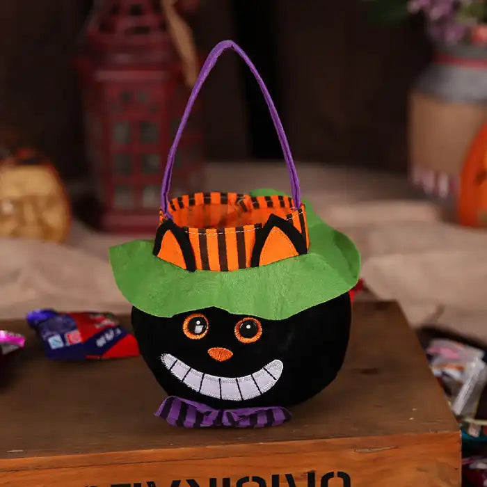  Halloween pumpkin candy bag styled as grinning black cat with orange and purple accents