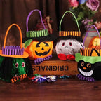 Halloween pumpkin candy bag collection featuring ghost, witch, black cat, and jack-o-lantern designs