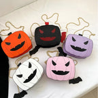 Halloween Pumpkin Head bag in orange, black, white, pink, and purple with gold chain strap