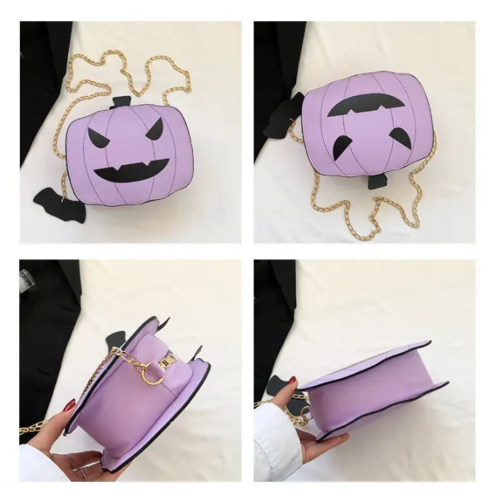 Close-up views of purple Halloween Pumpkin Head bag showing zipper, shape, and chain details