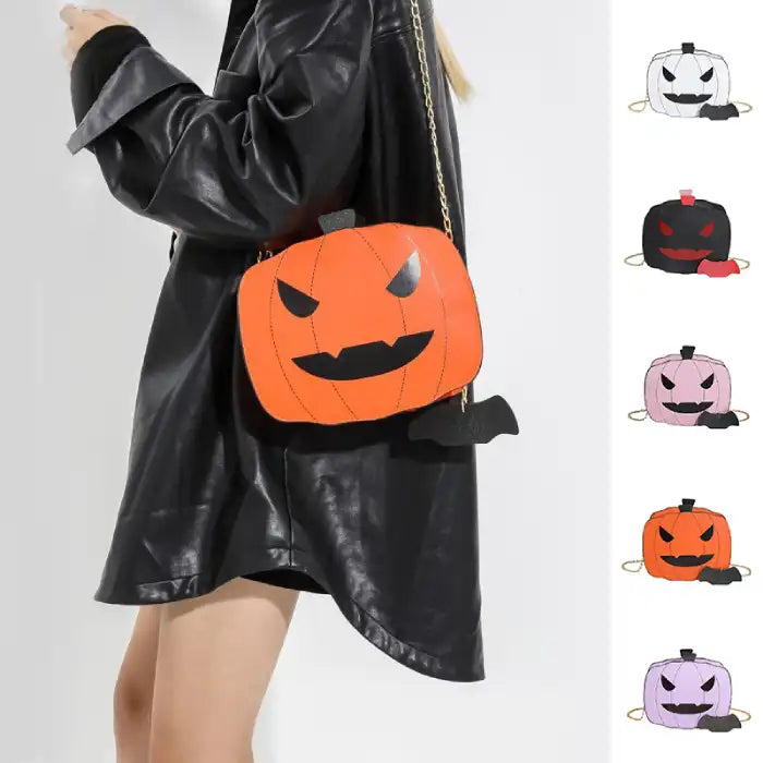 Orange Halloween Pumpkin Head bag worn crossbody with mini preview of five available colors on side